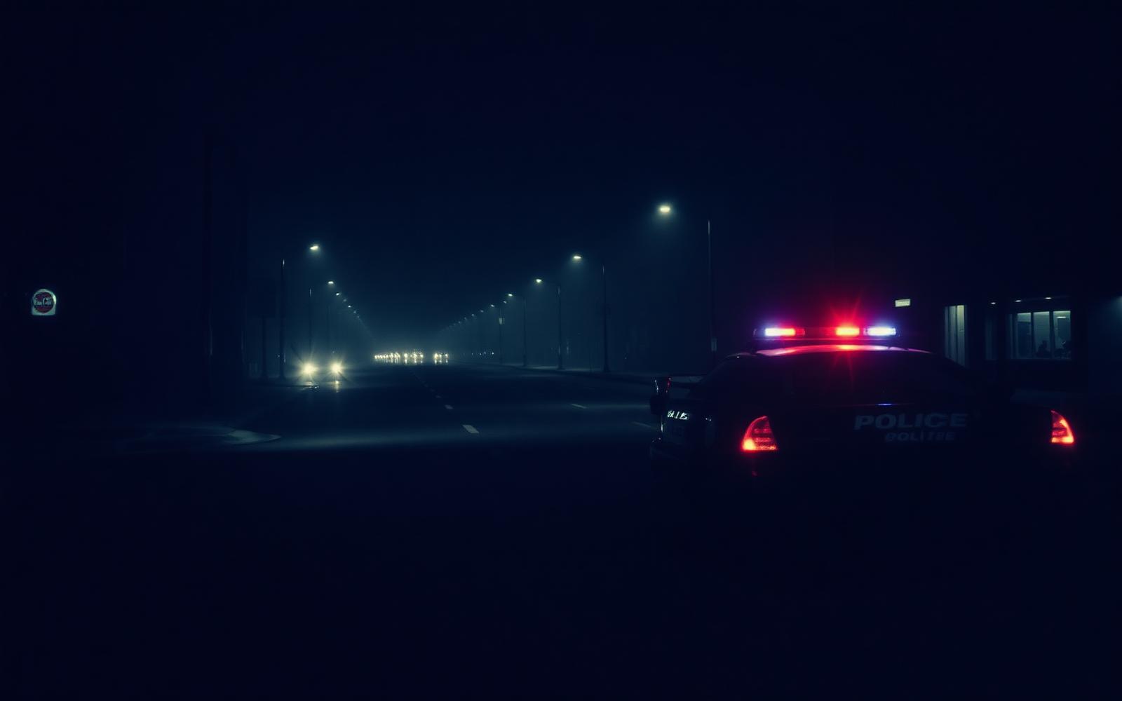 A police cruiser idles on an empty street at night, lights on.
